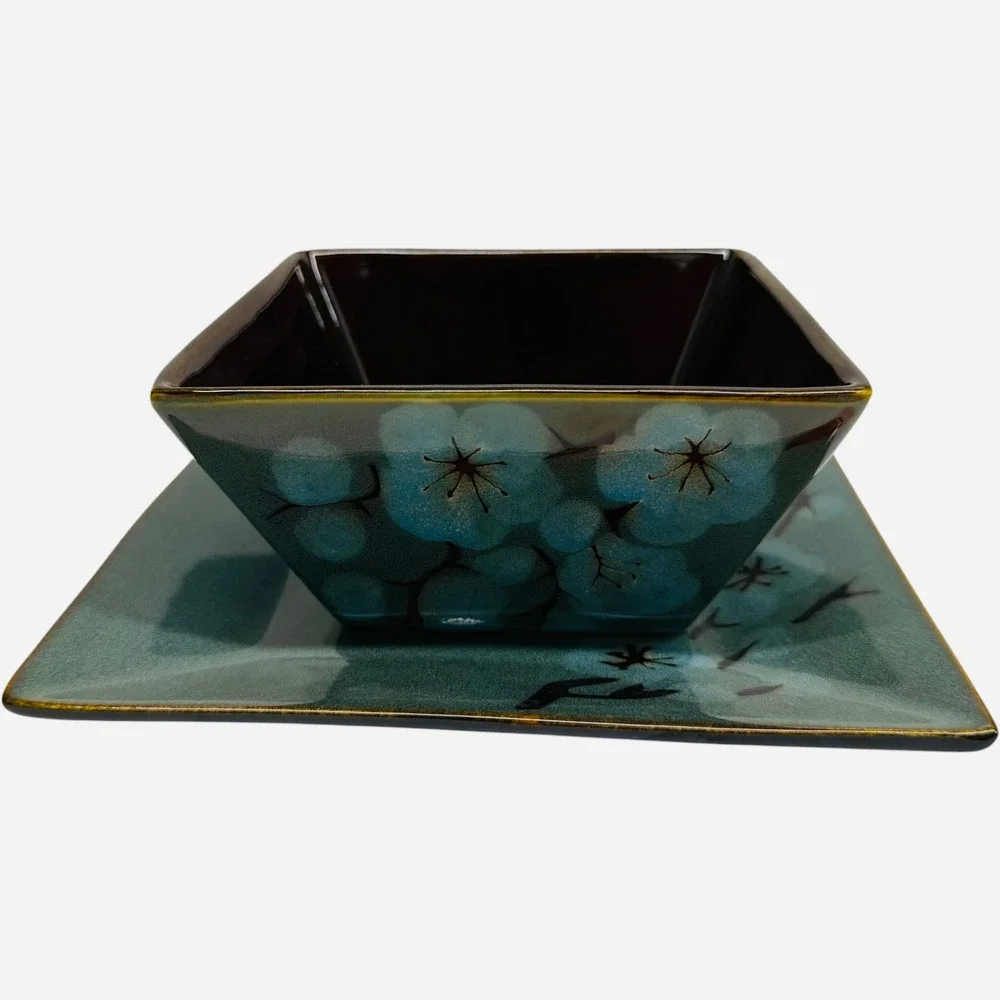 Pier 1 Tranquil Stoneware Square Bowl and Plate Set Blue Floral Teal Brown